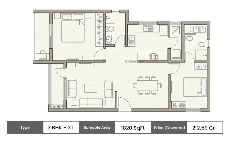 Brigade WTC Whitefield 3 BHK + 3T floor plan, 1820 sq ft saleable area