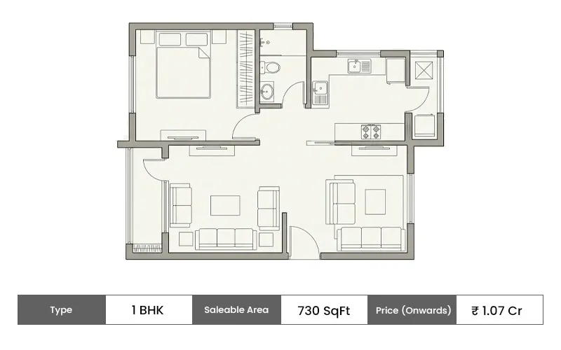 Brigade WTC Whitefield 1 BHK floor plan, 730 sq ft saleable area